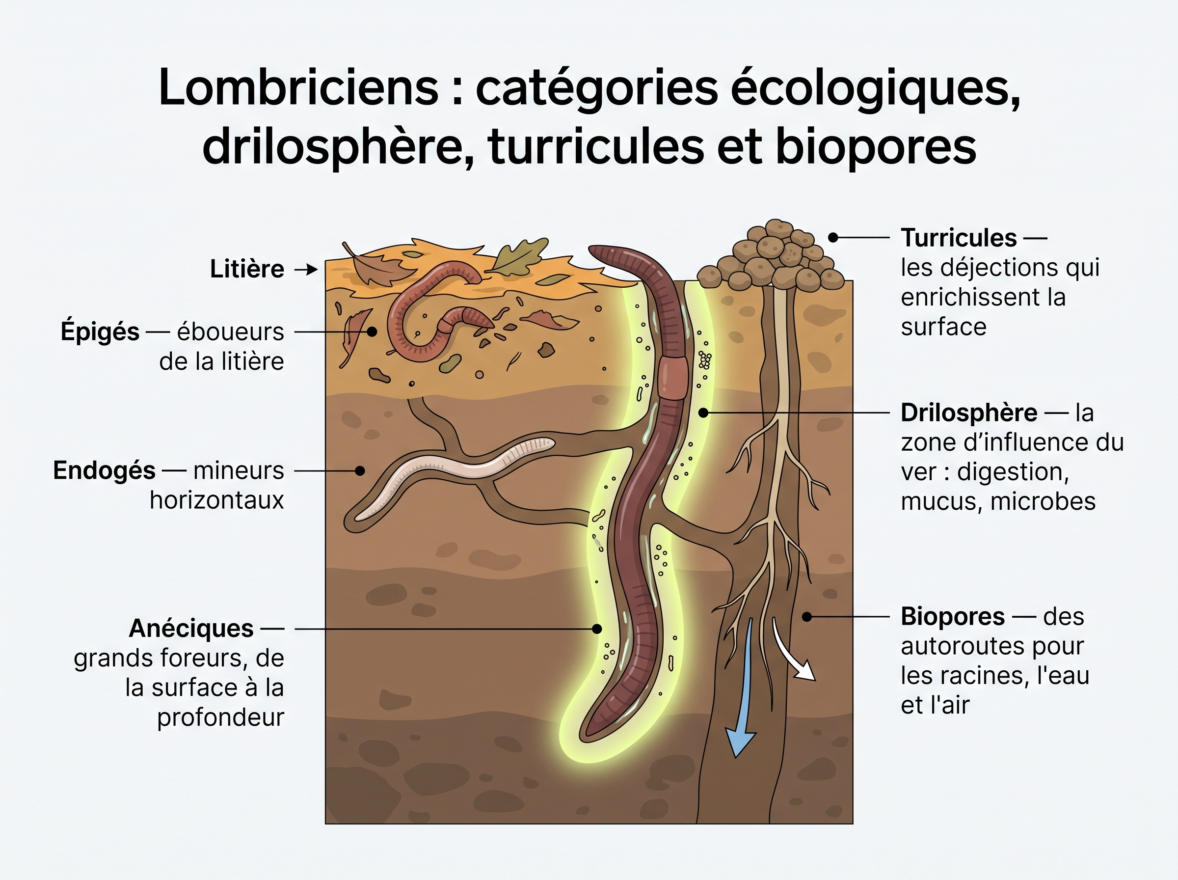 Lombriciens : catégories écologiques, drilosphère, turricules, biopores et interactions racines