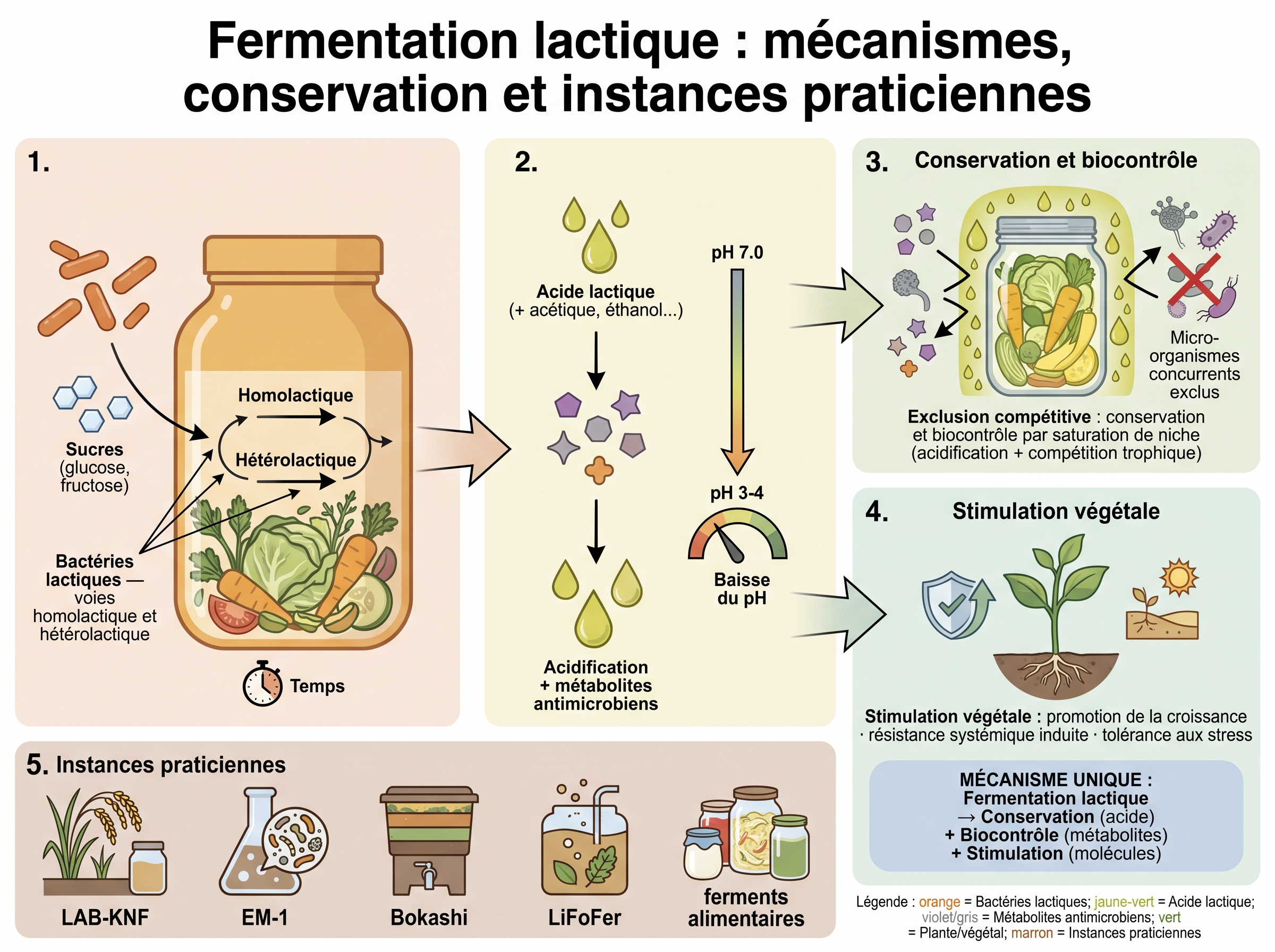 Fermentation lactique : mécanismes biochimiques, conservation et instances praticiennes (KNF, EM, Bokashi, LiFoFer, ferments alimentaires)