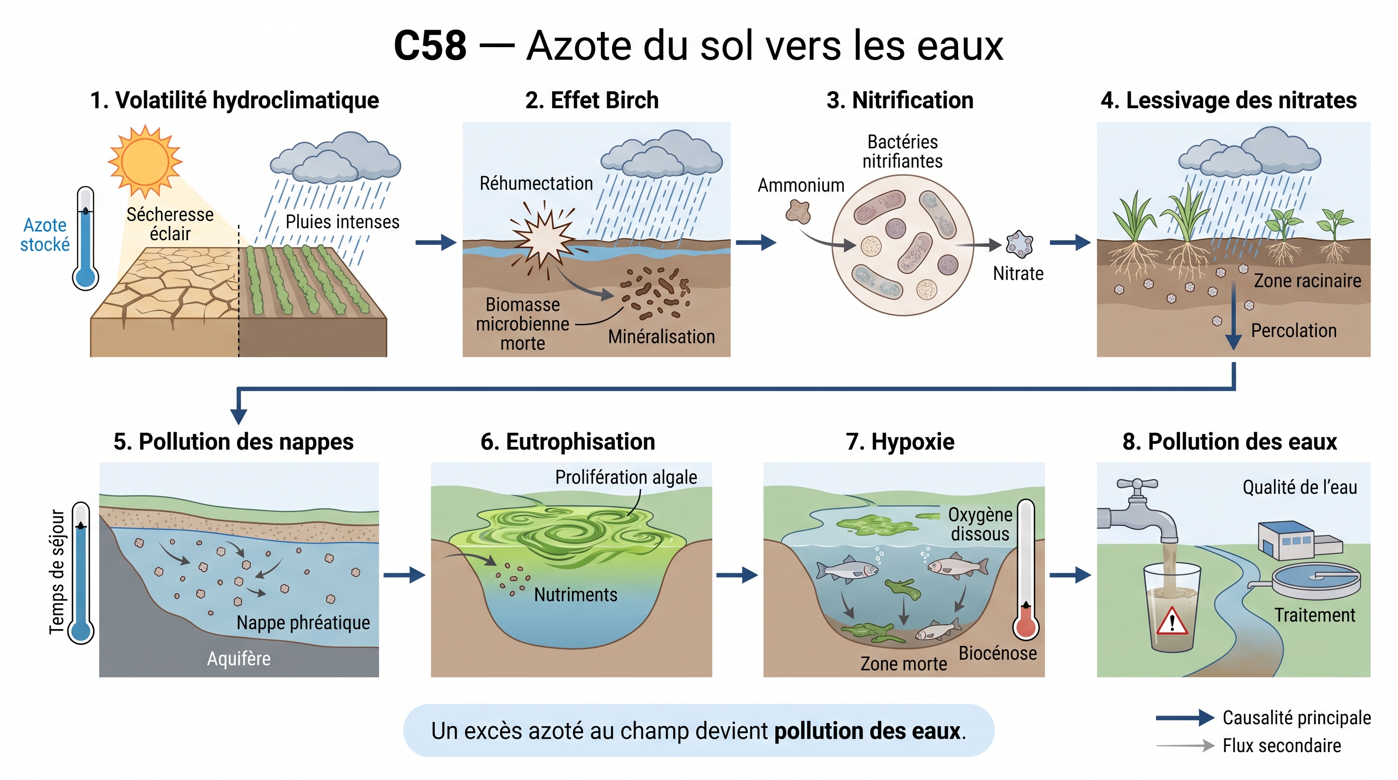 C58 — Volatilité hydroclimatique → effet Birch → lixiviation des nitrates → pollution des nappes → eutrophisation → pollution des eaux