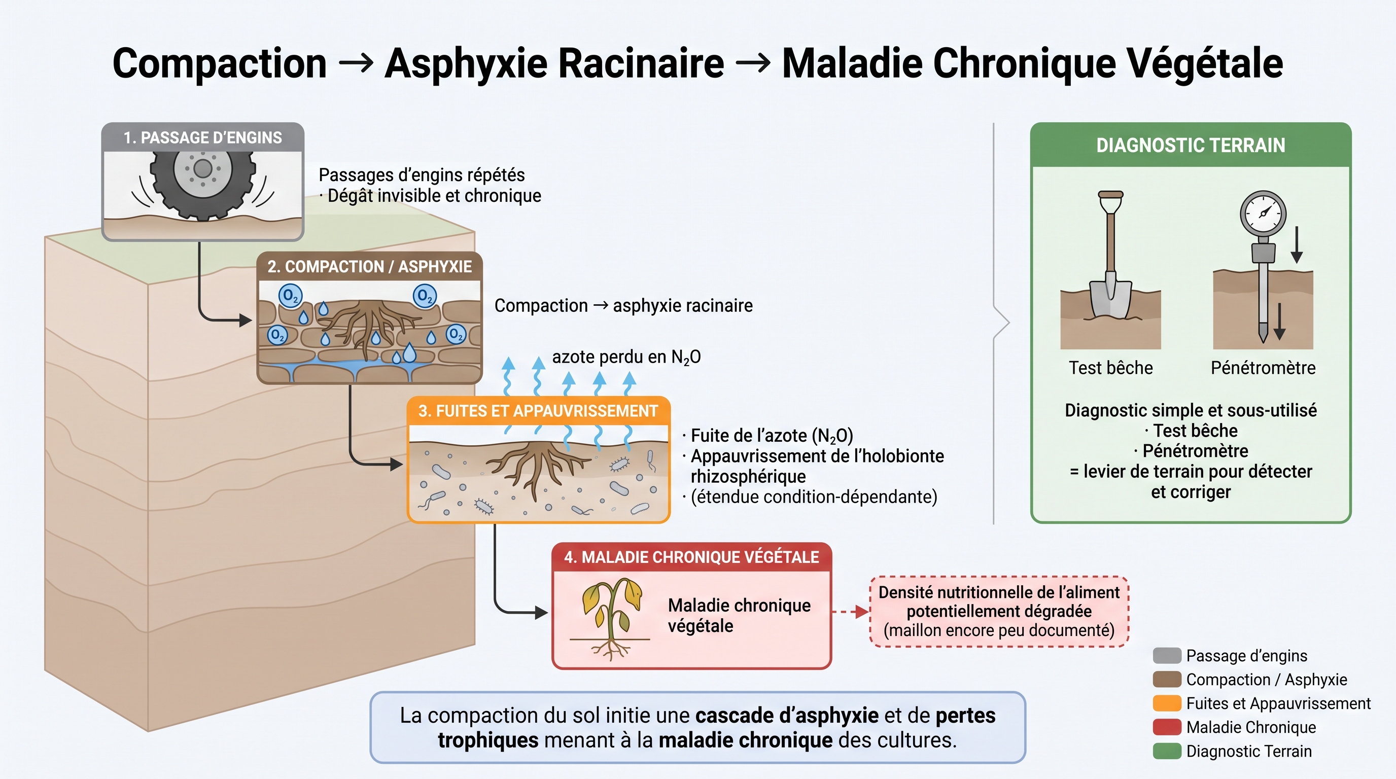 C24 — Compaction → asphyxie racinaire → maladie chronique végétale