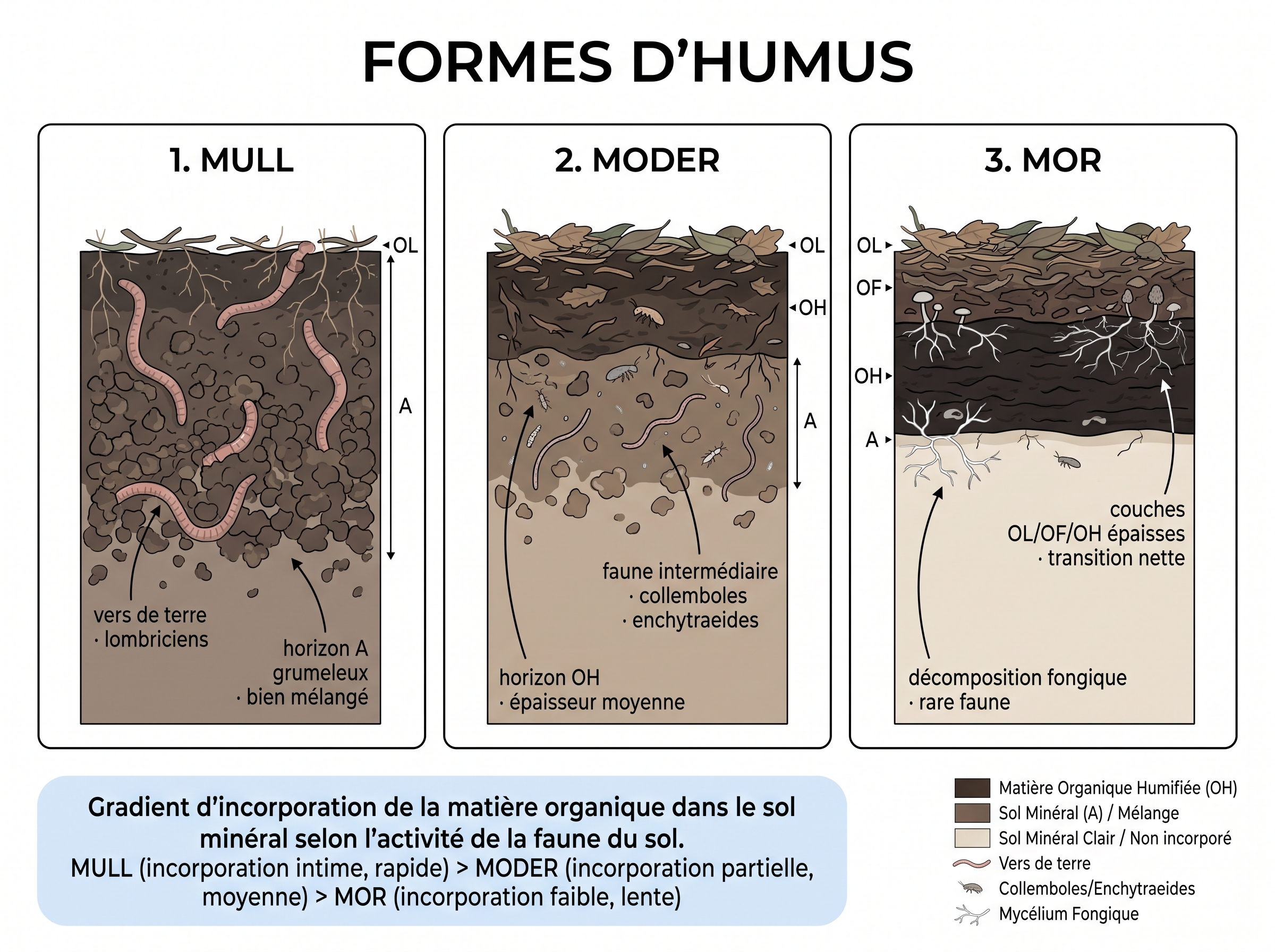 Formes d'humus — Mull, Moder, Mor : les trois profils organo-minéraux
