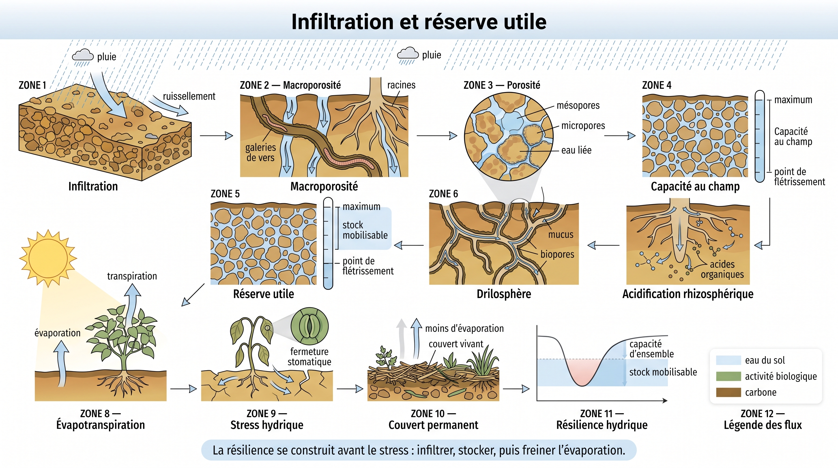 C11 — Infiltration → Réserve utile → Résilience au stress hydrique