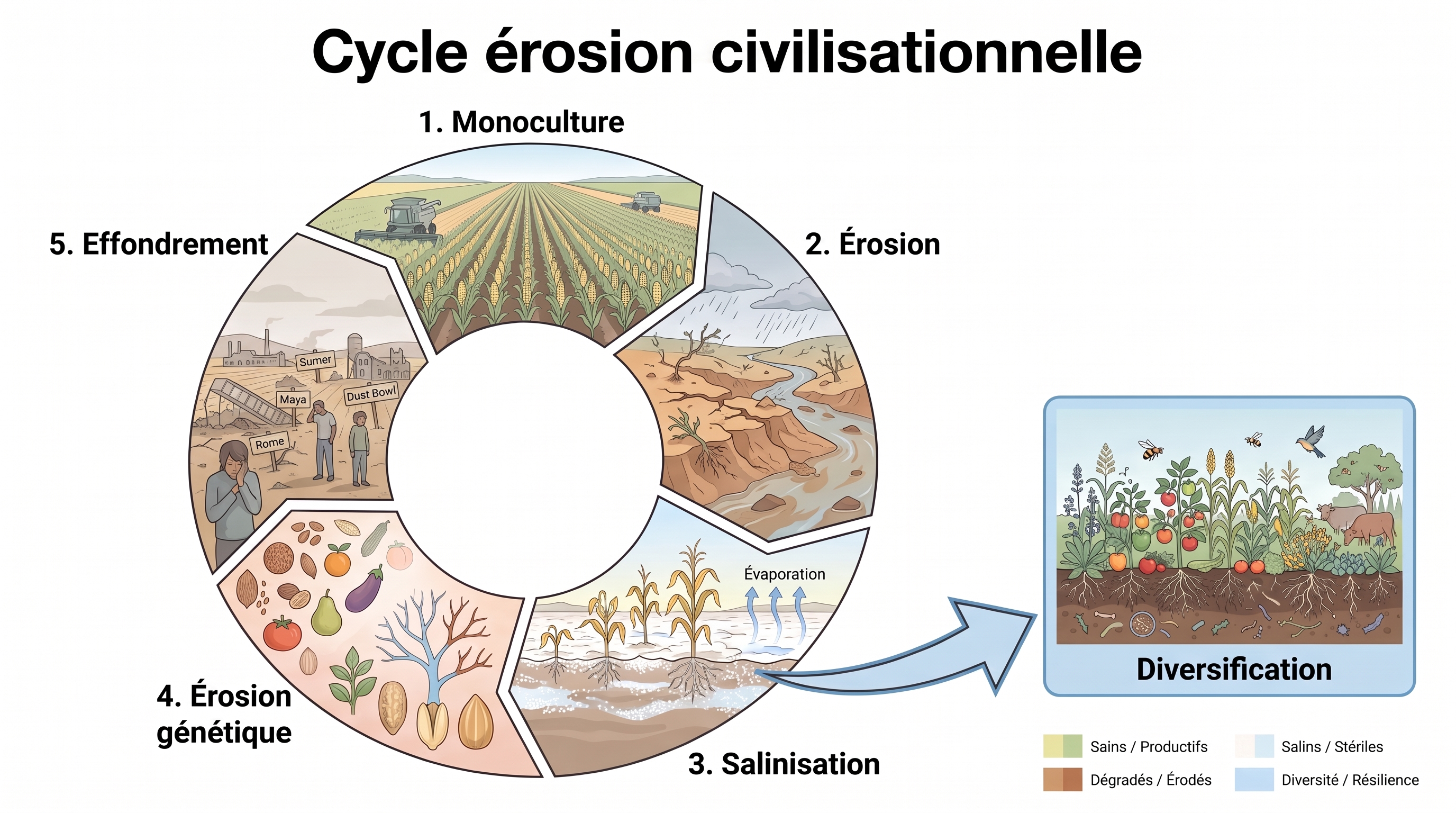 C27 — Cycle érosion civilisationnelle : monoculture → effondrement (Sumer/Maya/Rome/Dust Bowl)