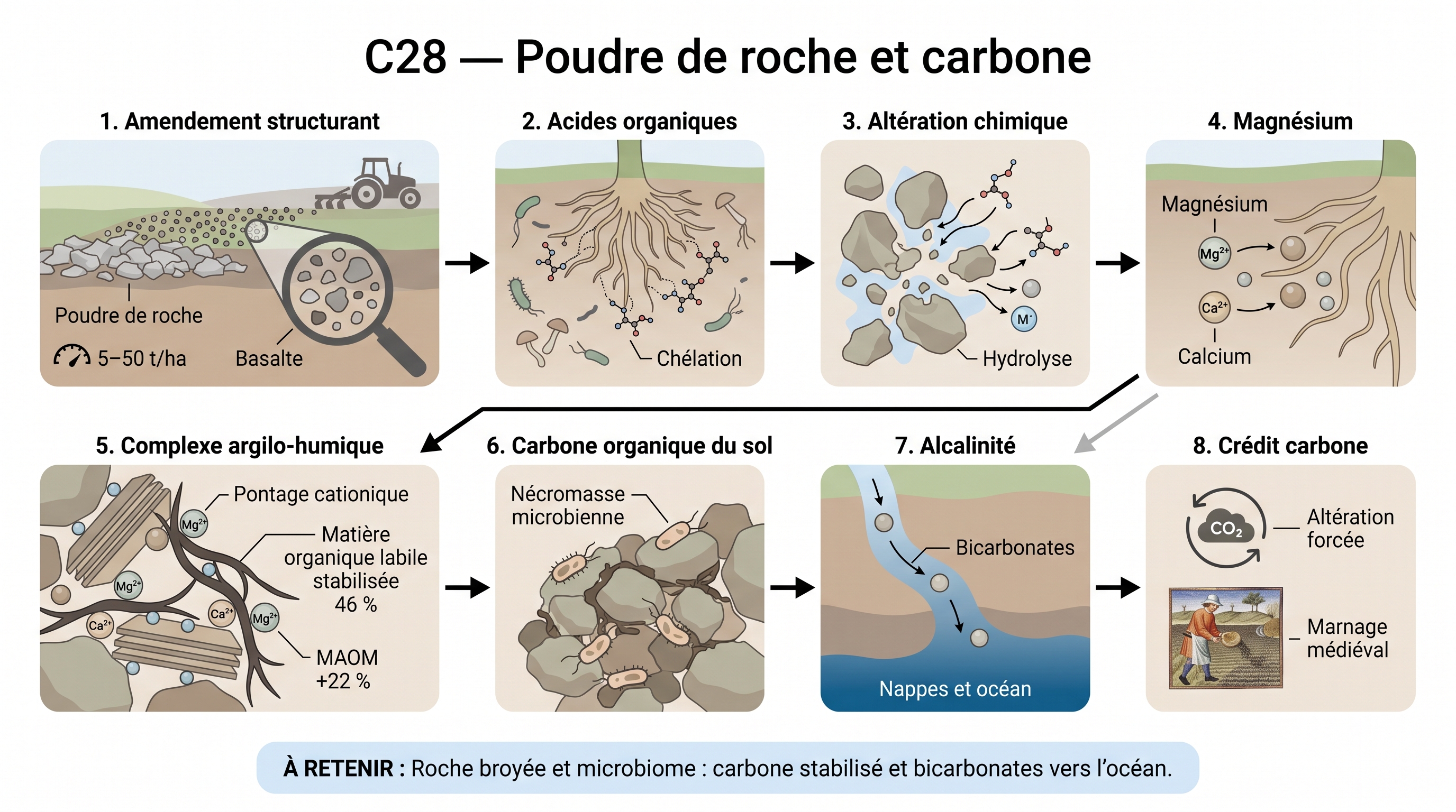 C28 — Enhanced Rock Weathering : roche broyée → cation bridging → MAOM stable + CDR