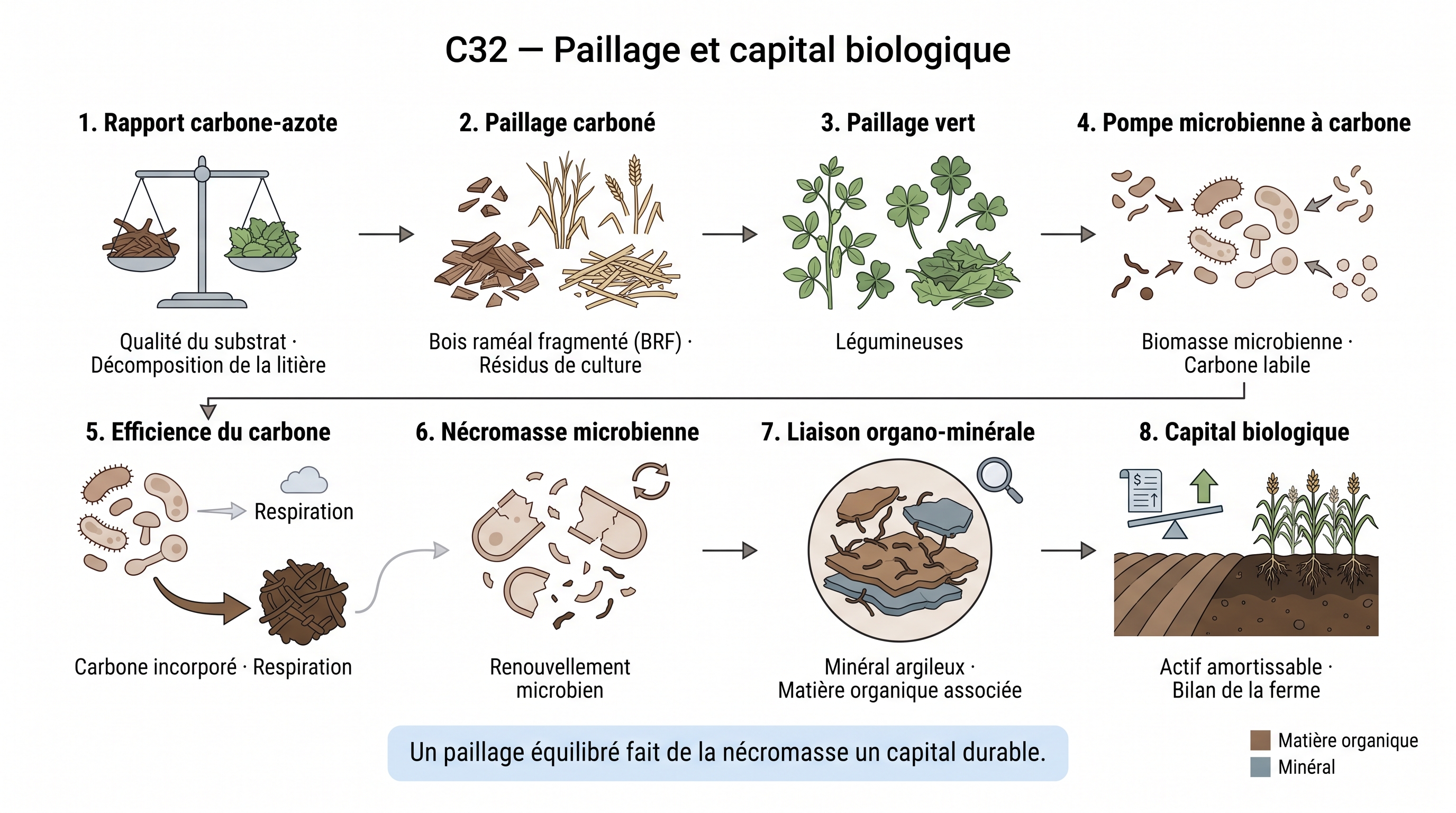 C32 — Carbon Use Efficiency : ratio C/N du paillage → capital biologique séquestré