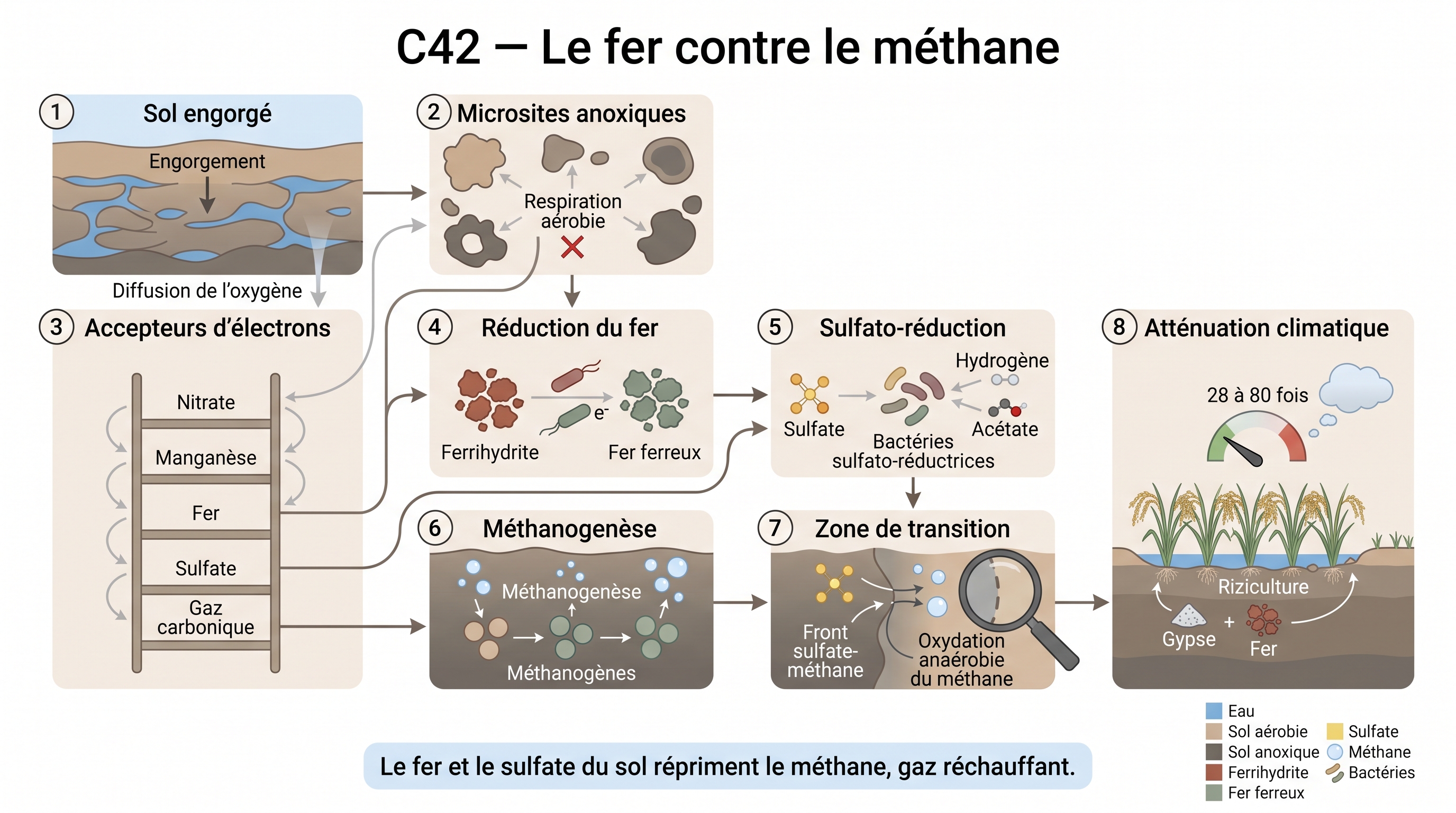 C42 — Microsites anoxiques → compétition des accepteurs d'électrons → suppression du méthane