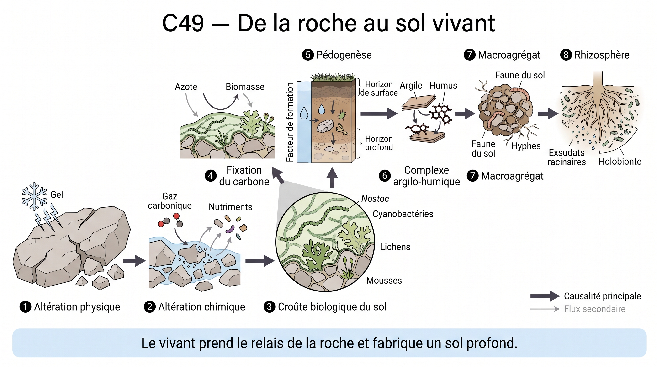 C49 — Relais pédogenétiques : de la roche nue au sol profond