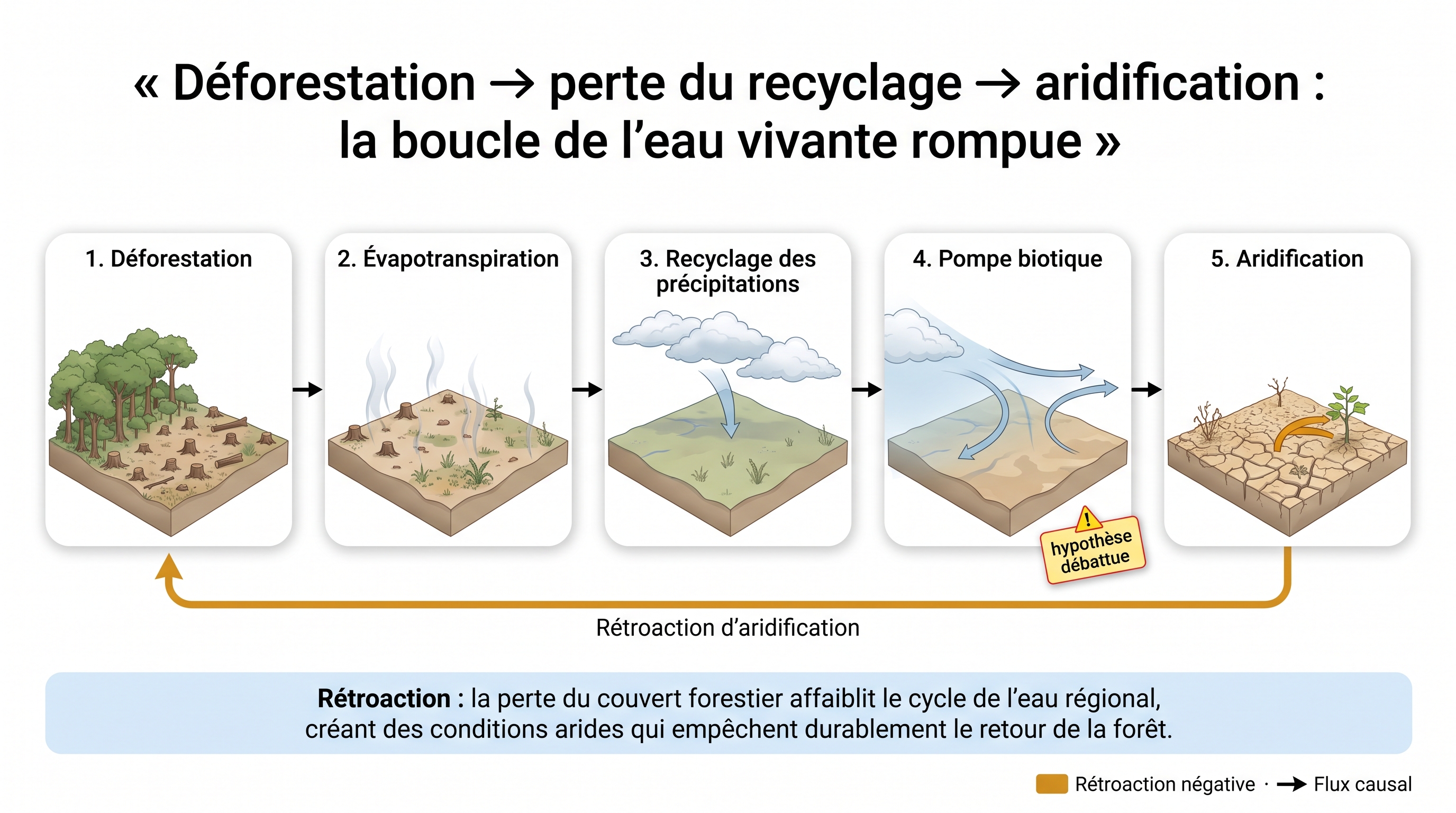 C51 — Déforestation → perte du recyclage → aridification : la boucle de l'eau vivante rompue