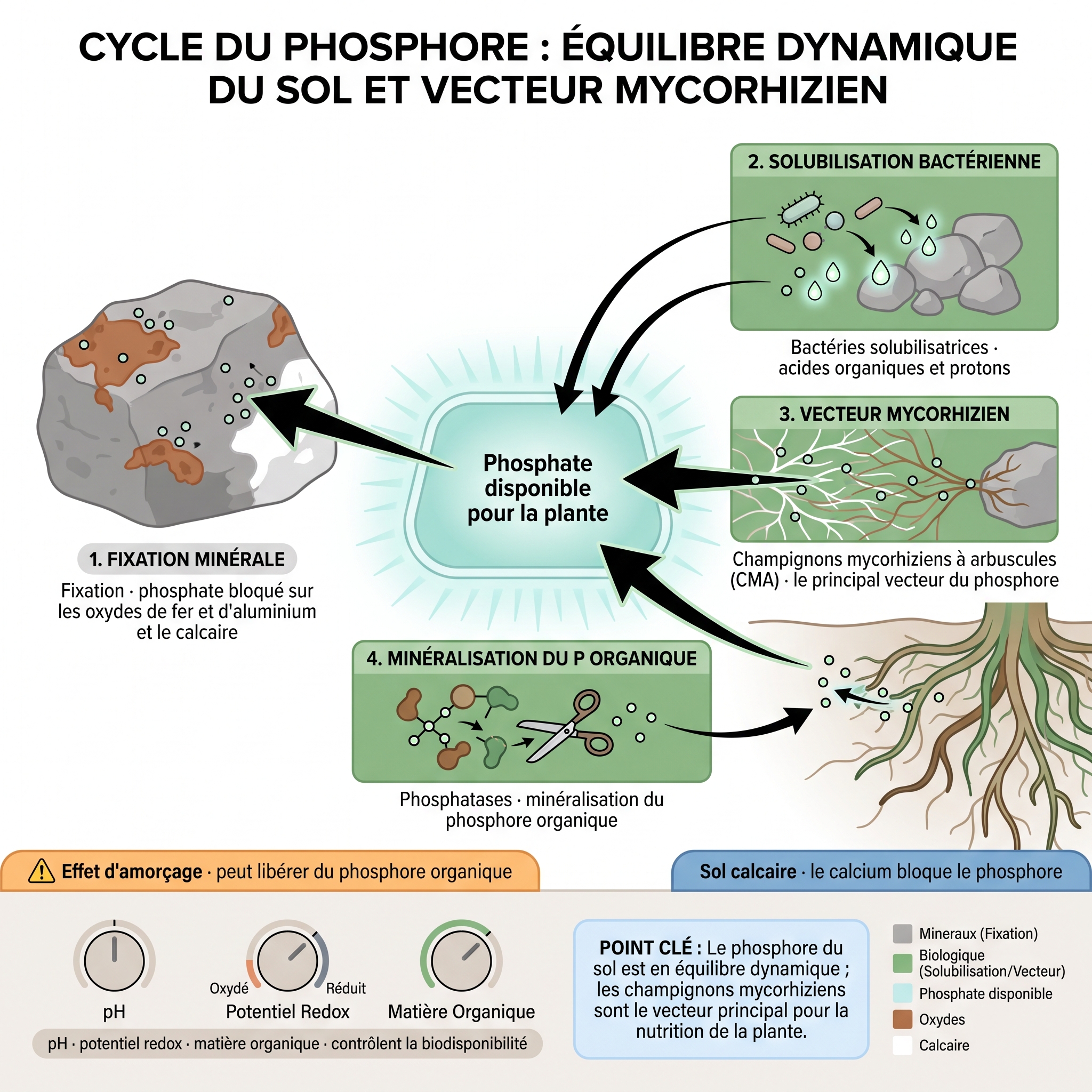 Cycle du phosphore : fixation, solubilisation biologique, mycorhizes