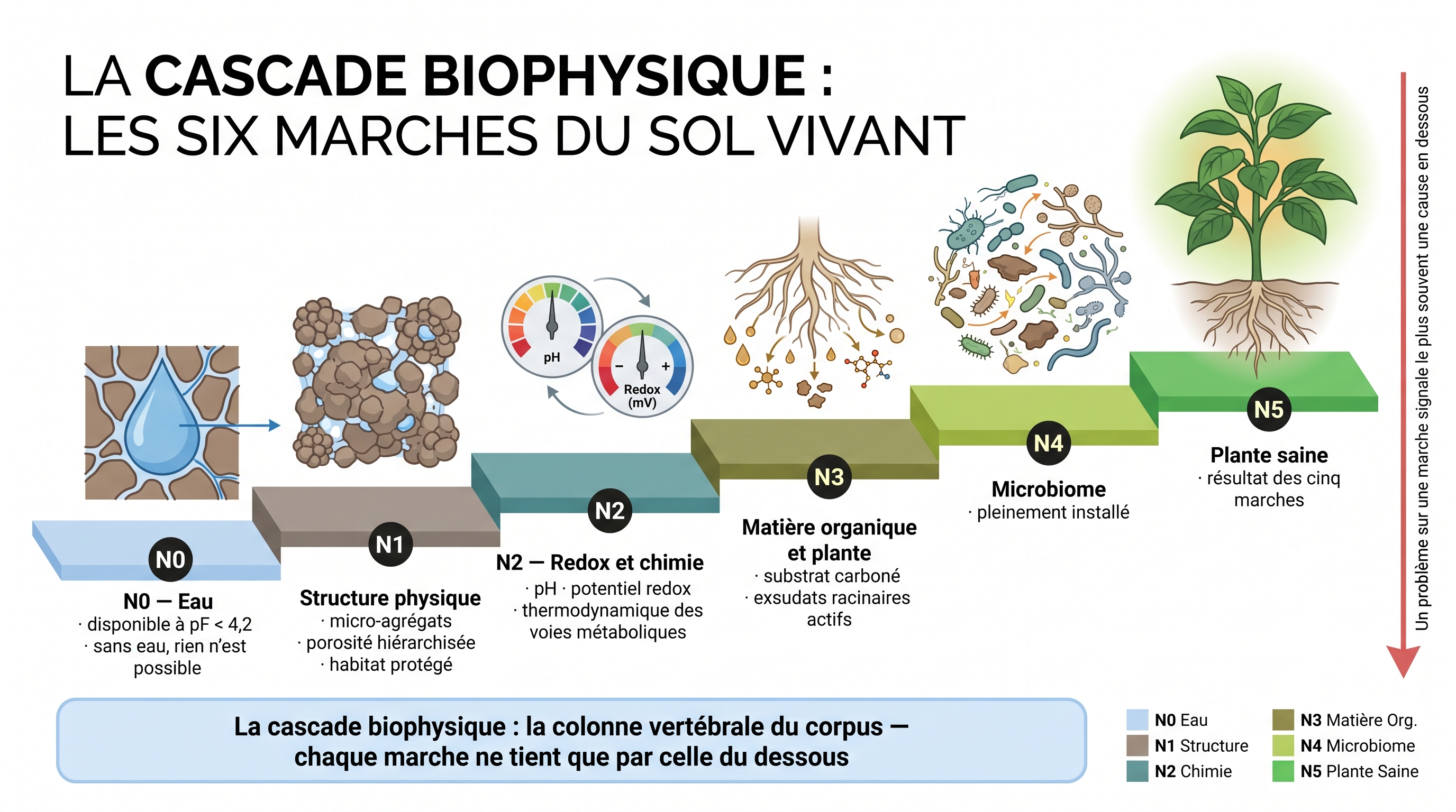 Cascade biophysique — N0 Eau → N5 Plante saine (colonne vertébrale du corpus)